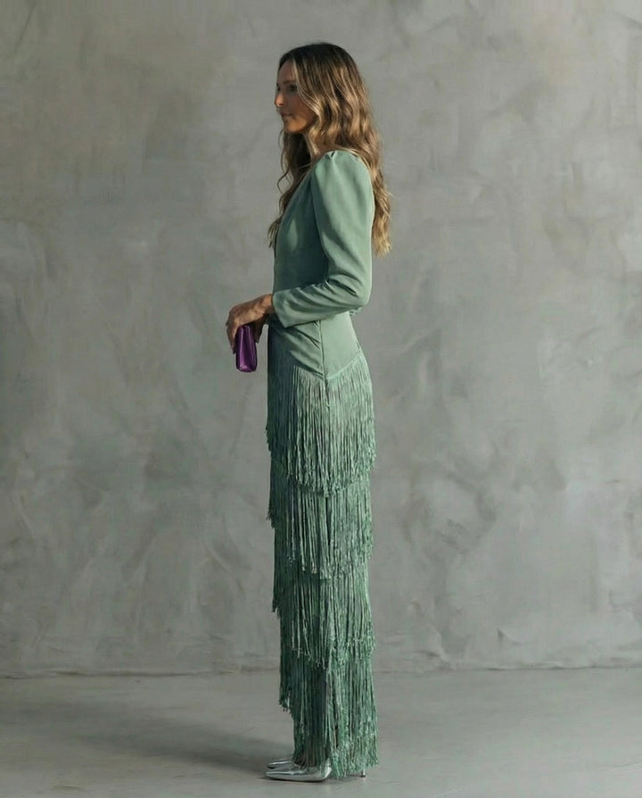 Clara | Elegant Dress with Fringed Sleeves