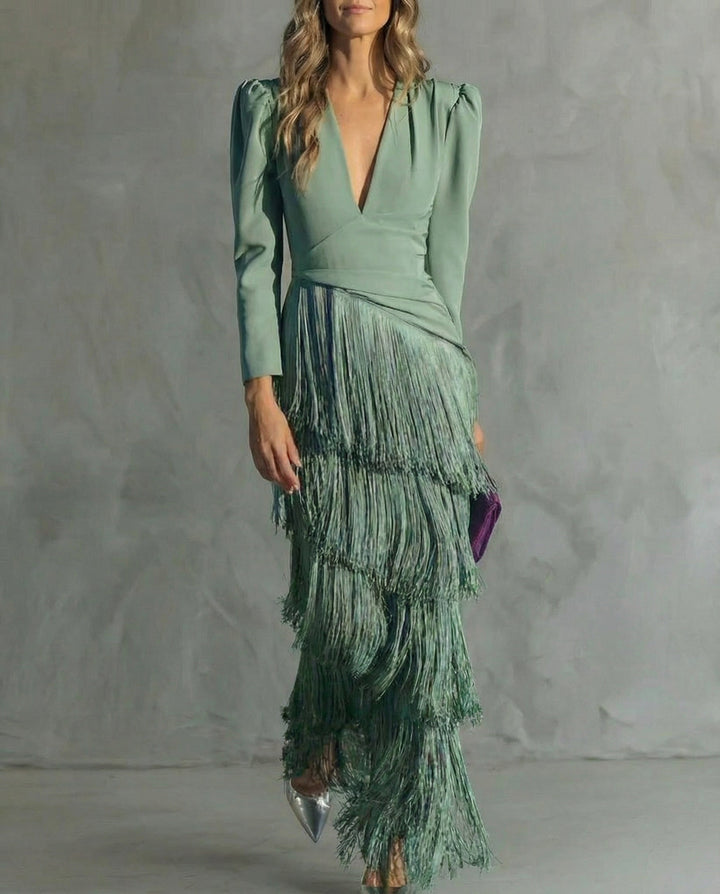 Clara | Elegant Dress with Fringed Sleeves