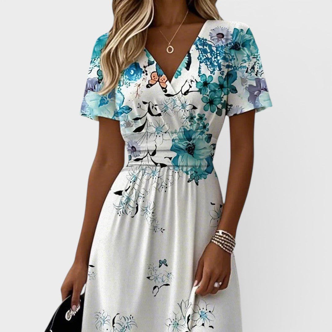 Seraphina | Blue Floral Midi Dress with Flutter Sleeves