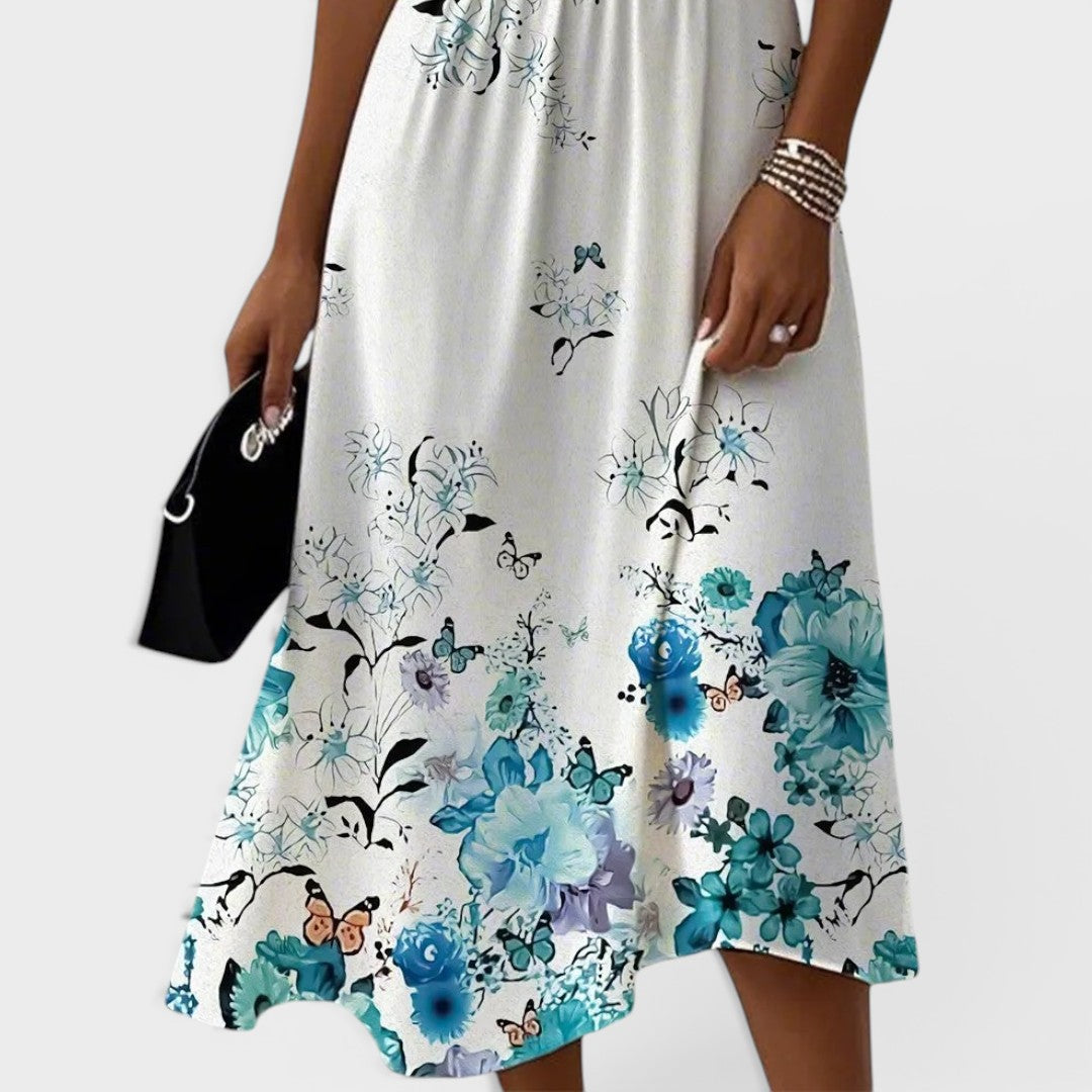 Seraphina | Blue Floral Midi Dress with Flutter Sleeves
