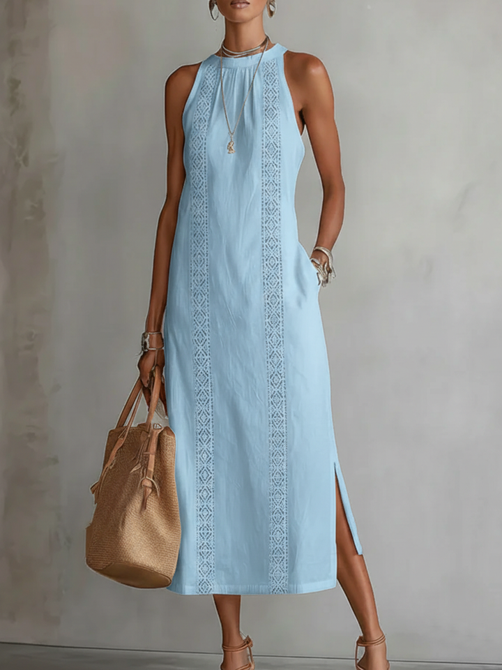 Jimena | Midi Linen Dress with Stand-Up Collar