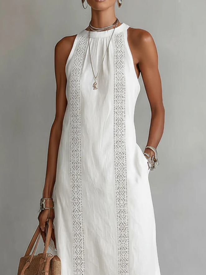 Jimena | Midi Linen Dress with Stand-Up Collar