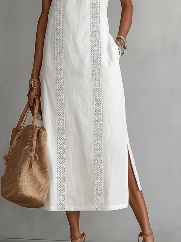 Jimena | Midi Linen Dress with Stand-Up Collar