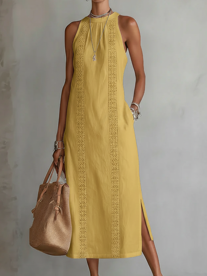 Jimena | Midi Linen Dress with Stand-Up Collar