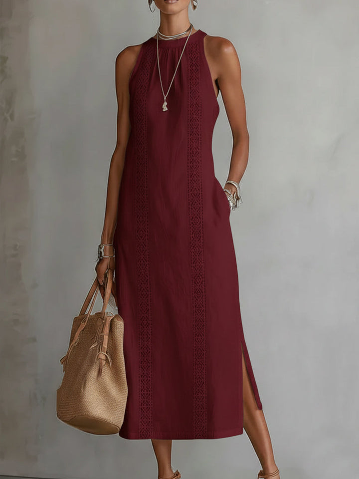 Jimena | Midi Linen Dress with Stand-Up Collar