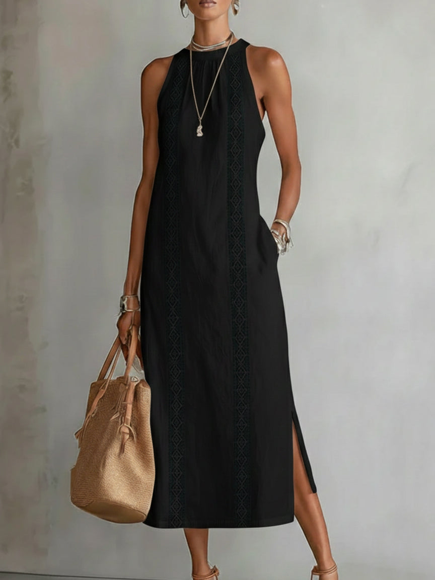 Jimena | Midi Linen Dress with Stand-Up Collar