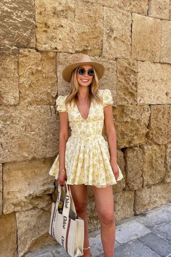 Yellow Floral Dress with Back Lacing for Summer