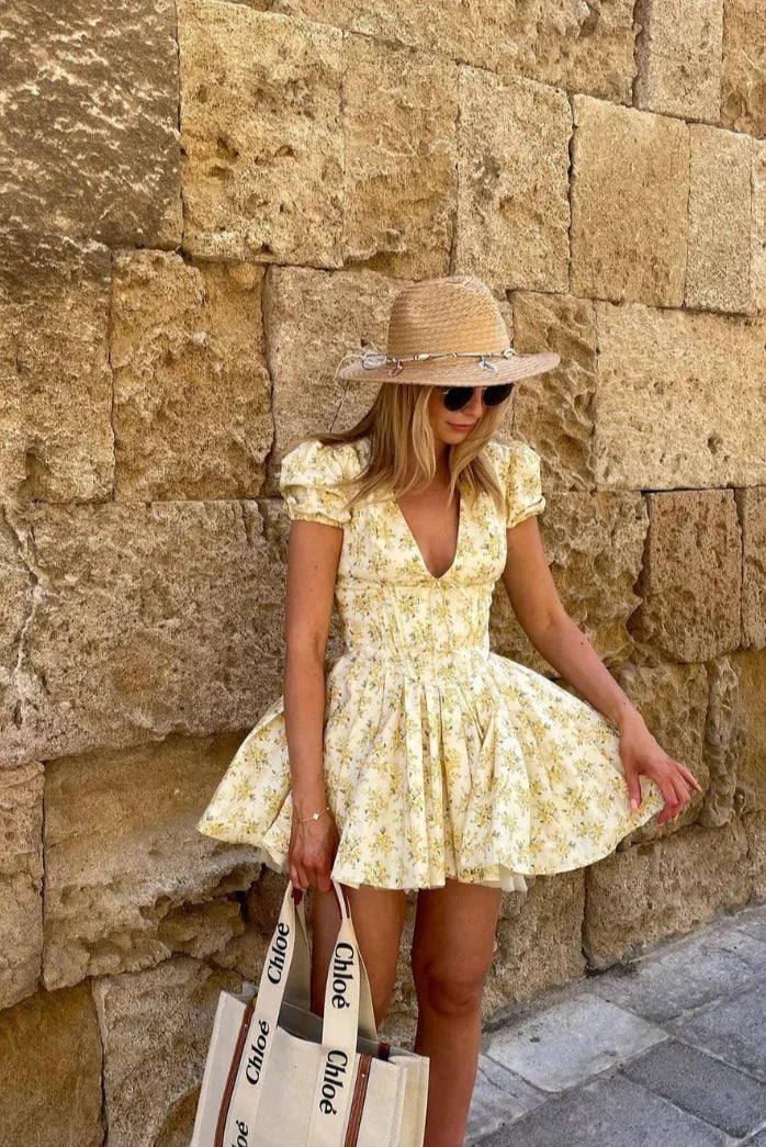 Yellow Floral Dress with Back Lacing for Summer