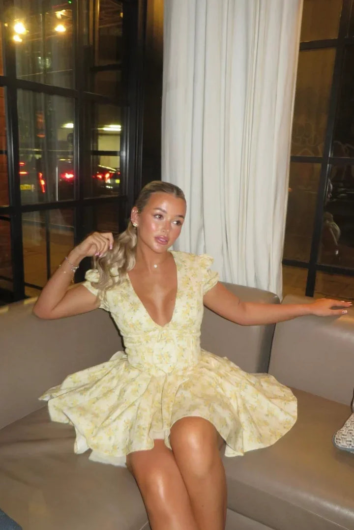 Yellow Floral Dress with Back Lacing for Summer