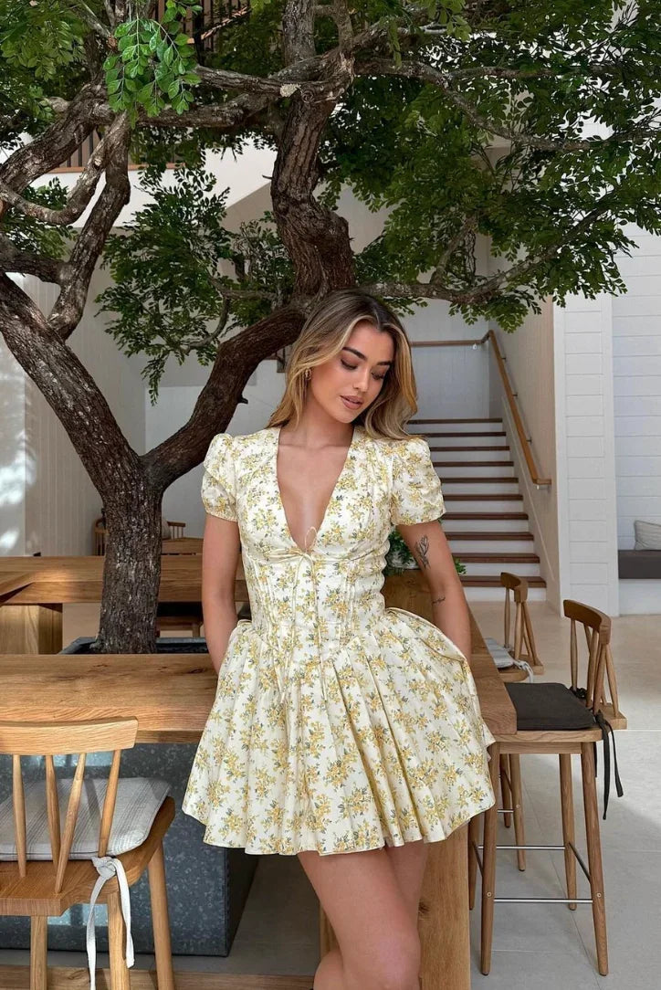 Yellow Floral Dress with Back Lacing for Summer