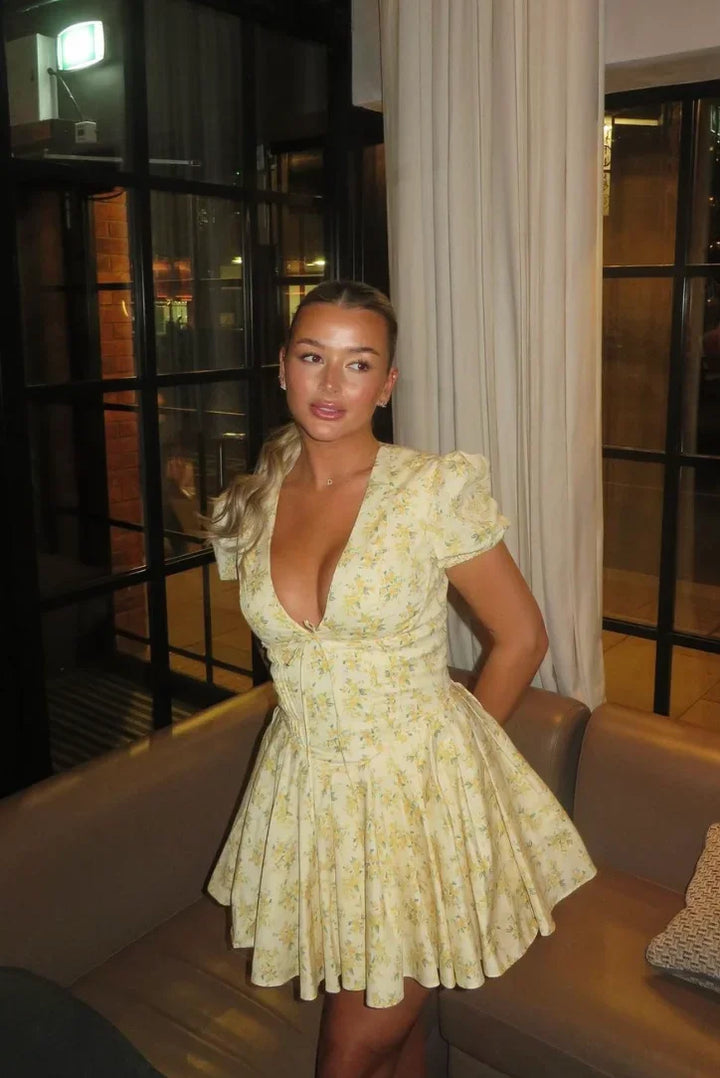 Yellow Floral Dress with Back Lacing for Summer