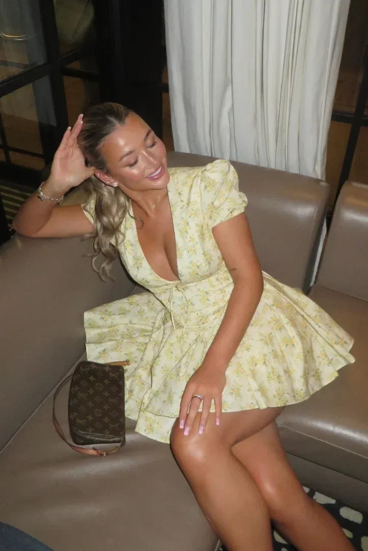 Yellow Floral Dress with Back Lacing for Summer