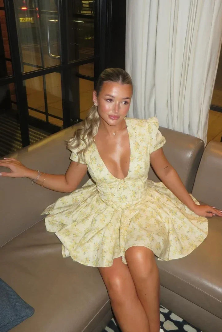 Yellow Floral Dress with Back Lacing for Summer