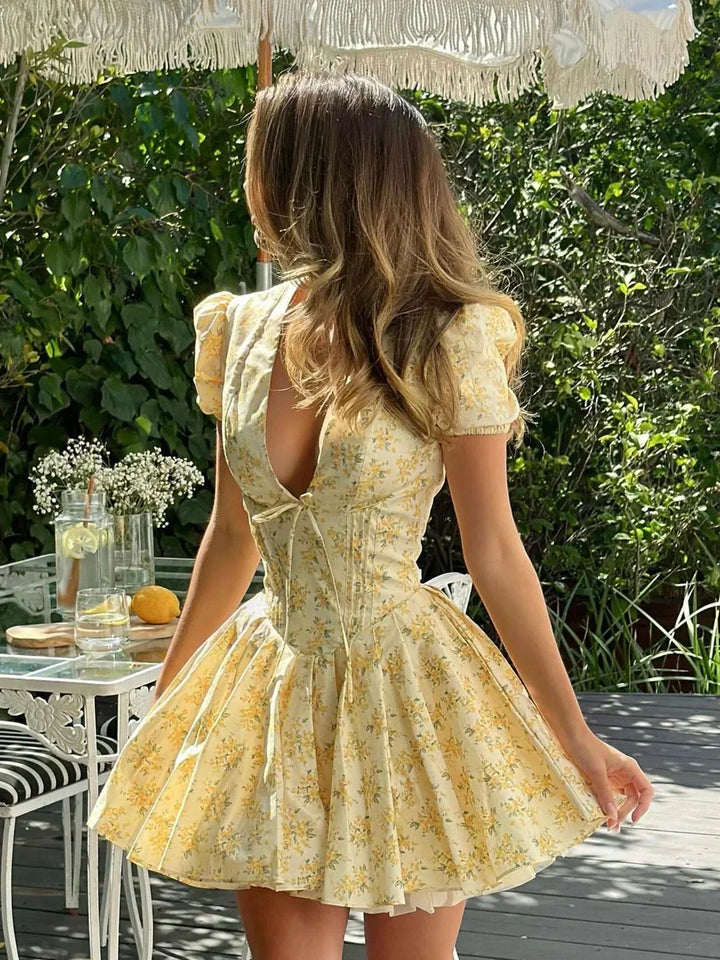 Yellow Floral Dress with Back Lacing for Summer