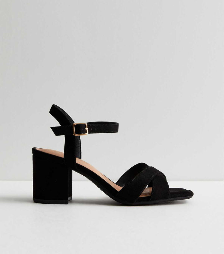 Wide Fit Black Suede 2-Part Block Heel Sandals | New Look