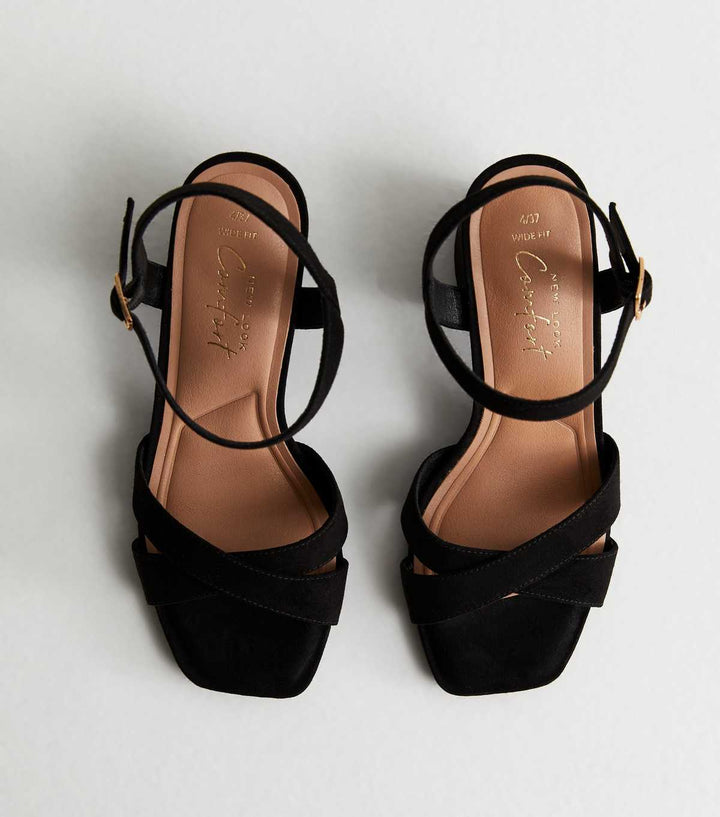 Wide Fit Black Suede 2-Part Block Heel Sandals | New Look
