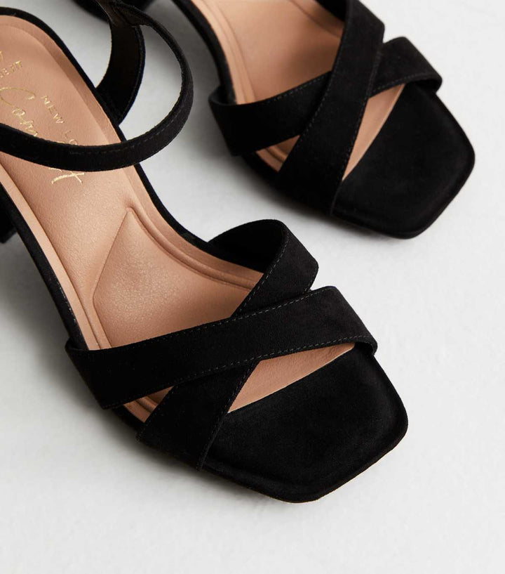 Wide Fit Black Suede 2-Part Block Heel Sandals | New Look